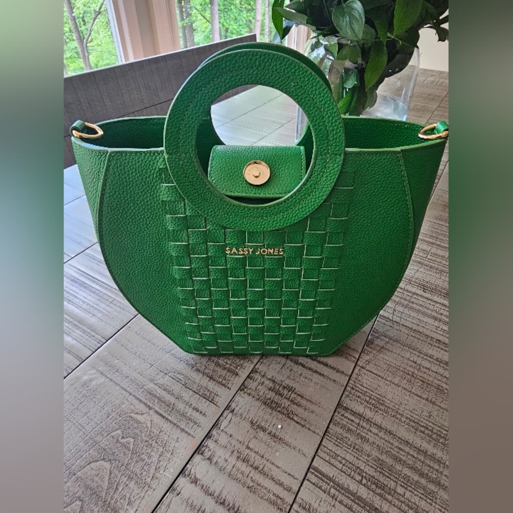 Sassy Jones Green Woven Circle-Handle Tote